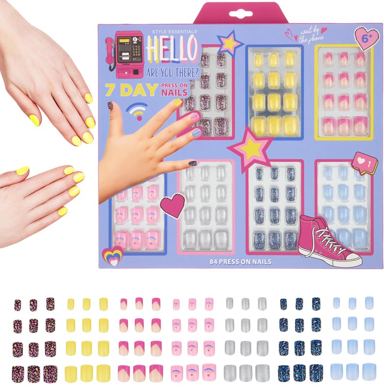 7 Day Manicure Collection  84PC Press On Nail Set DayOfTheWeek Adhesive False Nails for Girls HELLO THERE Collection  Colorful Novelty Designs Stick On Nails For Kids